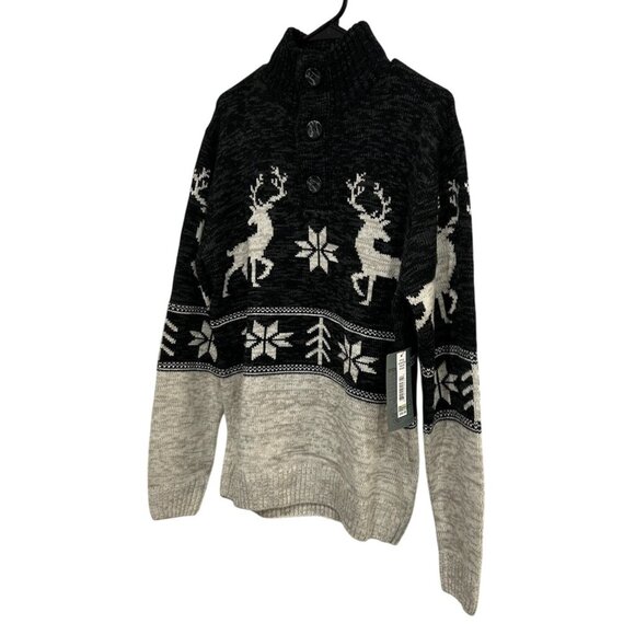 Amongst Others Reindeer Pattern Sweater Black Beige Button Collar Sz Medium - Picture 3 of 9